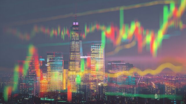 Colorful Night Cityscape With Financial Data Overlay