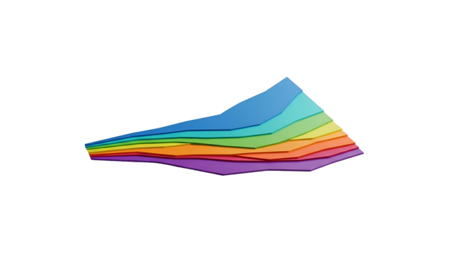 Stacked area chart displays a spectrum of colors radiating across a dark background