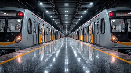 Clean, modern subway train with its doors wide open at a brightly lit, empty platform. The symmetrical composition conveys efficiency and serenity.
