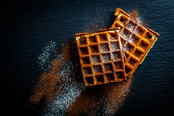 Fresh baked berry Belgian waffle on black a plate for breakfast, closeup, top view. Culinary, cooking, bakery concept. Food recipe background. Sweet waffles