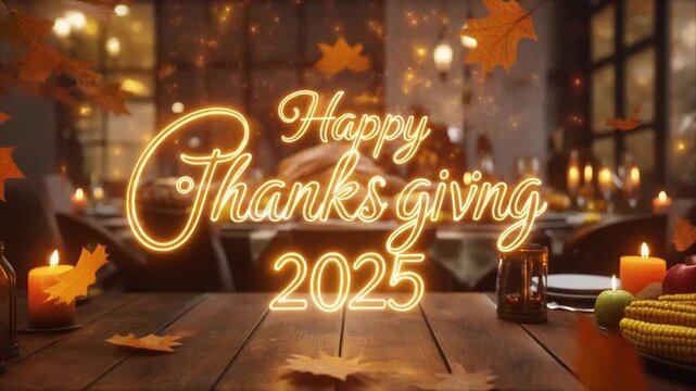 Glowing "Happy Thanksgiving 2025" text over a festive dining table with candles, autumn leaves, and food.
