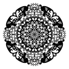 Fototapete Mandala Hand-drawn Mandala design, mandala art, nature mandala with floral and abstract lines. Black and white background with mandala design to textiles, henna painting and background for your art. No ai.  © Rinny Phatchamon