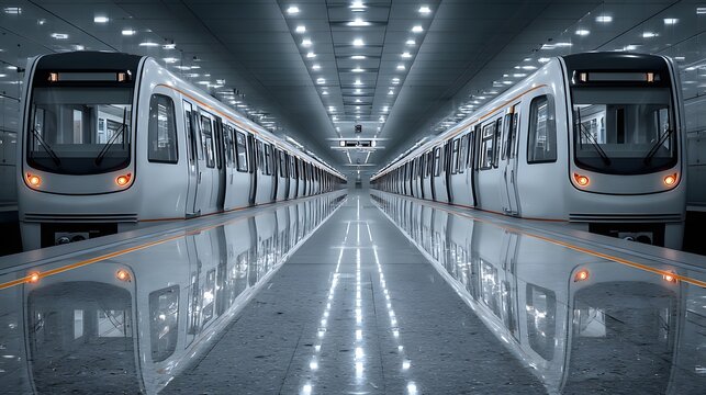 Clean, modern subway train with its doors wide open at a brightly lit, empty platform. The symmetrical composition conveys efficiency and serenity.