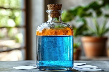 Vibrant blue and orange layered liquid in a corked glass bottle