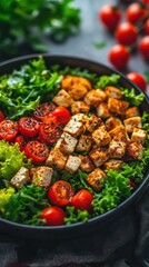 Vibrant bowl of fresh greens, halved tomatoes, and seasoned tofu