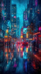 Vibrant cyberpunk city street at night, rain-slicked, neon reflections