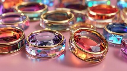 Vibrant faceted gemstone rings on pink, gold bands, sparkling close-up