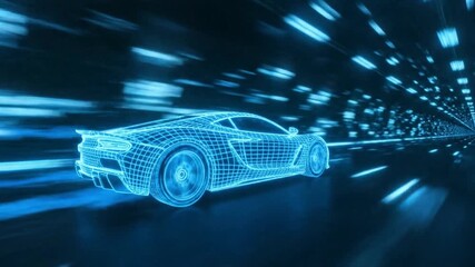 Futuristic wireframe car speeding through a digital tunnel. Concept of advanced technology, AI, and automotive innovation. - Powered by Adobe