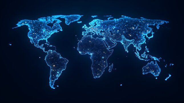 Stunning digital world map with glowing lights showing global connections and international reach for technology business branding and worldwide marketing campaigns