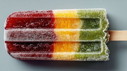 Vibrant frosty red, orange, green layered fruit popsicle on stick