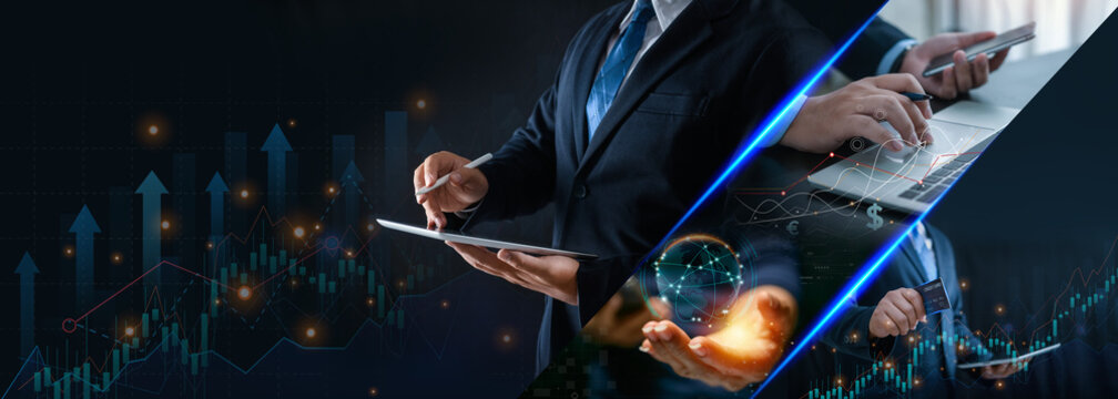 Business people and finance, interacting with tablet against a backdrop of glowing financial graphs and data. digital transformation, global investment, strategic planning modern economy.