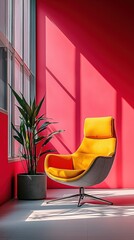 Vibrant modern room yellow chair, pink wall, sunny window, plant
