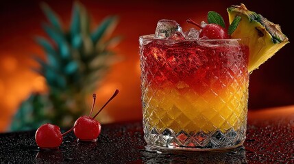 Vibrant layered tropical cocktail, ice, cherries, pineapple, wet table