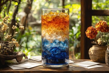 Vibrant layered iced drink in tall glass on rustic table outdoors