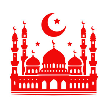 Islamic Architecture: A striking silhouette of a mosque, illuminated with a radiant red hue, adorned with a crescent moon and star, embodying the spirit of Islam