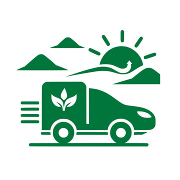 Eco-Friendly Delivery Concept: A verdant illustration showcases a delivery truck, adorned with eco-conscious symbols, traversing a picturesque landscape beneath a radiant sun.