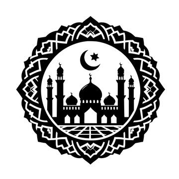 Sacred Silhouette: A mesmerizing illustration of a mosque, embellished with intricate Islamic patterns, a crescent moon, and a star, capturing the essence of cultural heritage and spiritual devotion.
