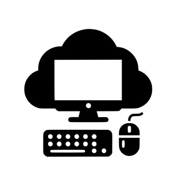 Cloud Computing Icon: A simplified graphic symbolizes the modern technology concept of cloud computing, showcasing a computer monitor merged with a cloud and its peripherals.