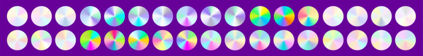 Iridescent silver swatch pack with metallic gradient glow. Holographic colors shine across smooth surfaces for a futuristic iridescent gradient look.