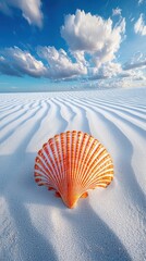 Vibrant orange shell on rippled white sand under a vast blue sky