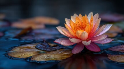 Vibrant orange-pink water lily with dewdrops floating on dark water