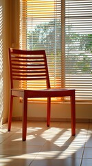 Vibrant red chair bathed in striped sunlight from window blinds