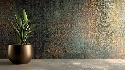 Green plant in a pot on a table against a textured wall background