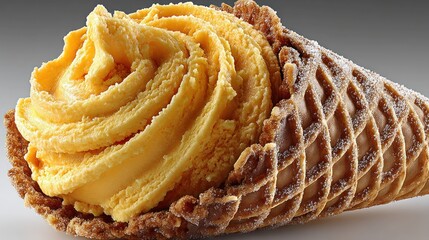 Vibrant yellow ice cream swirled in a textured crispy waffle cone