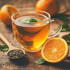 Warm tea in glass mug with fresh mint, oranges, and loose leaves