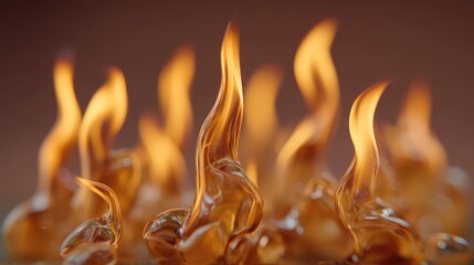 Warm, vivid orange flames ascend from shiny, sculptural liquid