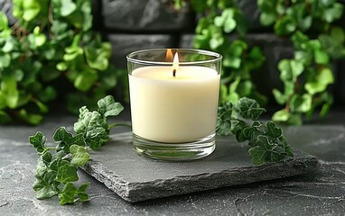 Warmly lit candle in clear glass with green ivy on dark stone