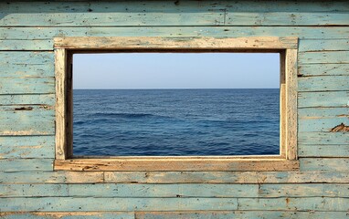 Weathered blue wood frame looks out to calm, open sea and sky