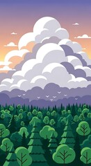 Lush Green Forest Under a Towering Cloudscape at Sunset.