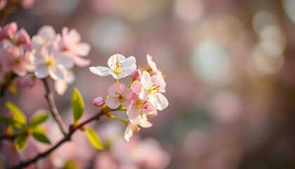 Soft-focus spring blossoms, pastel colors, gentle bokeh, dreamy, artistic