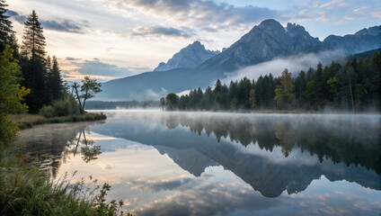 Reflection of mountains in a quiet lake in the early morning