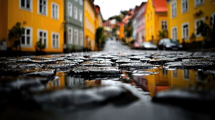 Wet cobblestone street reflecting vibrant European city buildings