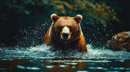 Wild brown bear with wet fur emerges from dark water, splashing