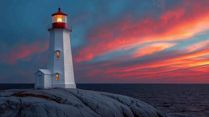 White lighthouse glows on rocky coast against fiery sunset sky