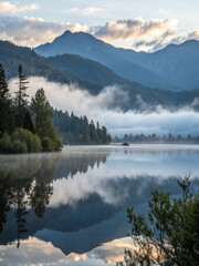 Reflection of mountains in a quiet lake in the early morning