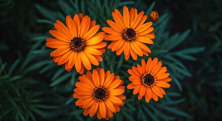 Obraz premium Overhead shot of four vibrant orange flowers with dark centers set against leafy background