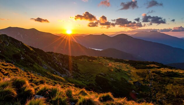 Scenic landscape depicting a mountain range at sunset. The sun peeks over the peaks, casting warm light and shadows