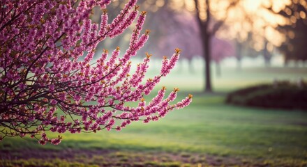 Pink blooms on a tree branch, park landscape with blurred trees and green grass in soft light