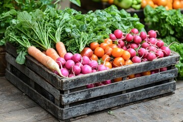 Wooden crate overflowing with fresh, vibrant carrots, radishes, and greens