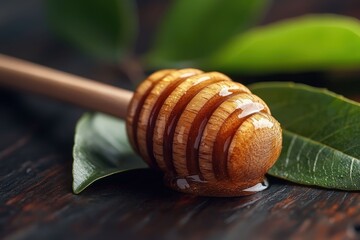 Wooden dipper dripping golden honey on dark wood with green leaves