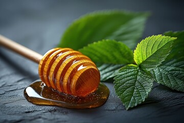 Wooden dipper dripping golden honey onto dark surface with green leaves