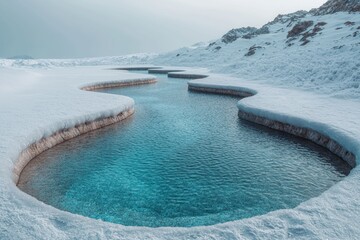 Winding turquoise geothermal pools in a vast snow-covered winter landscape