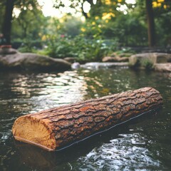 Wooden log floats in tranquil water amidst a lush green forest