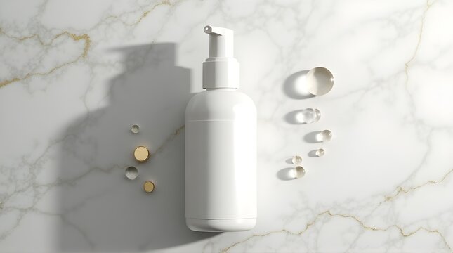 Elegant white soap dispenser on marble, ideal for showcasing skincare or beauty product designs with a touch of luxury, perfect for modern branding and upscale advertising campaigns