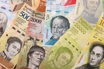 Venezuelan Bolivar currency money bills in big amount. Bunch of VED currency banknotes with different denomination close up