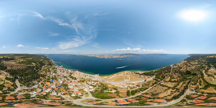 Canakkale, Turkey. Spherical panorama of historic Dardanelles Strait with Kilitbahir Castle, Mecidiye Bastion, Namazgah Bastion, ferries and cargo ships. Panorama 360x180. Aerial view